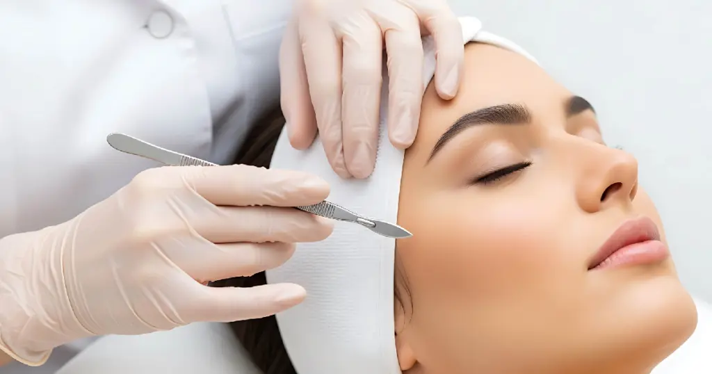 Woman receiving Dermaplaning Treatment in Orchard Park, NY, from a professional using a scalpel for smooth, glowing skin.