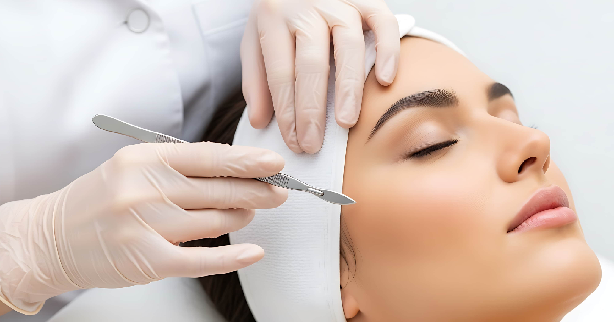 Woman receiving Dermaplaning Treatment in Orchard Park, NY, from a professional using a scalpel for smooth, glowing skin.